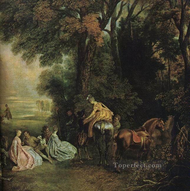 Un alto en la persecución del rococó clásico de Jean Antoine Watteau Pintura al óleo